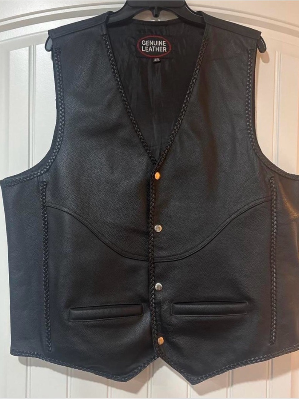 Genuine Leather Men’s Black Braided Snap Vest